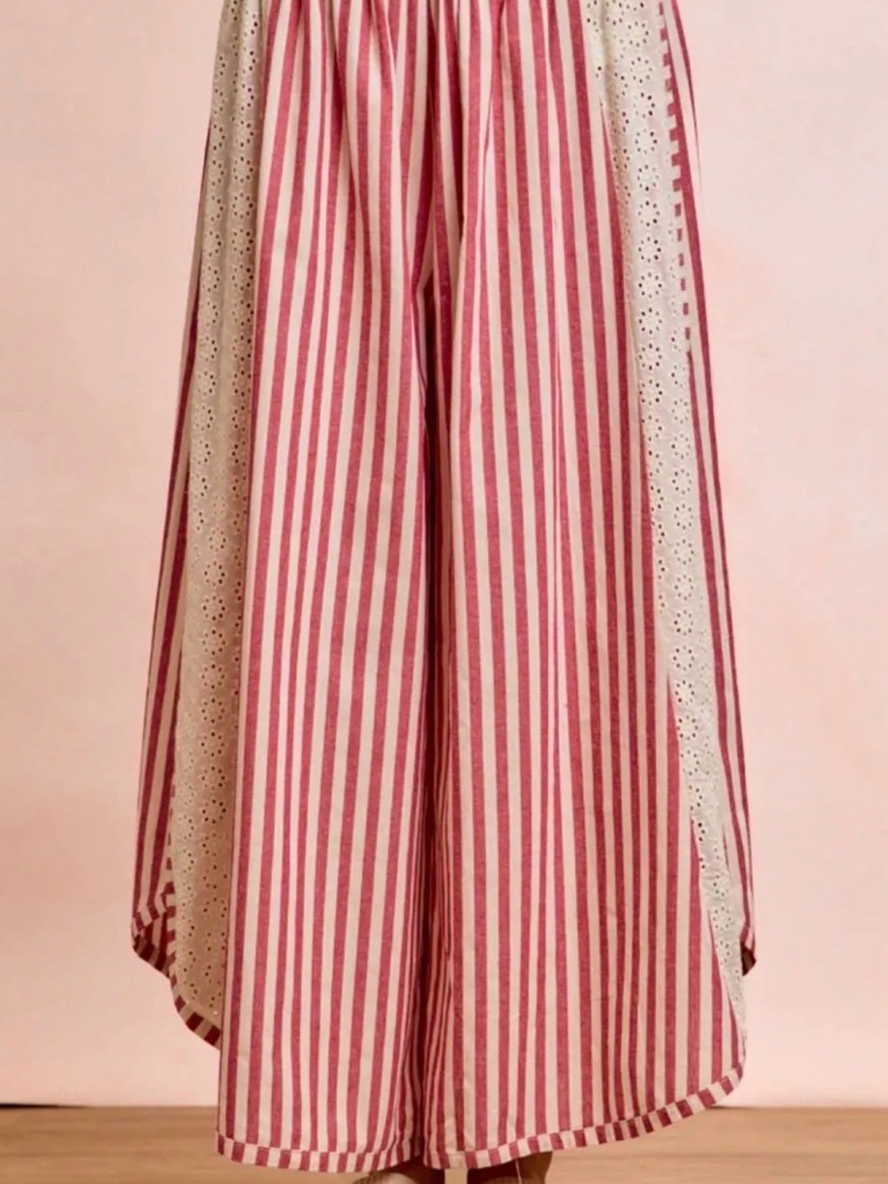 BiBi Pink & Cream Floral Eyelet and Striped Wide-Leg Pants Pink Cream